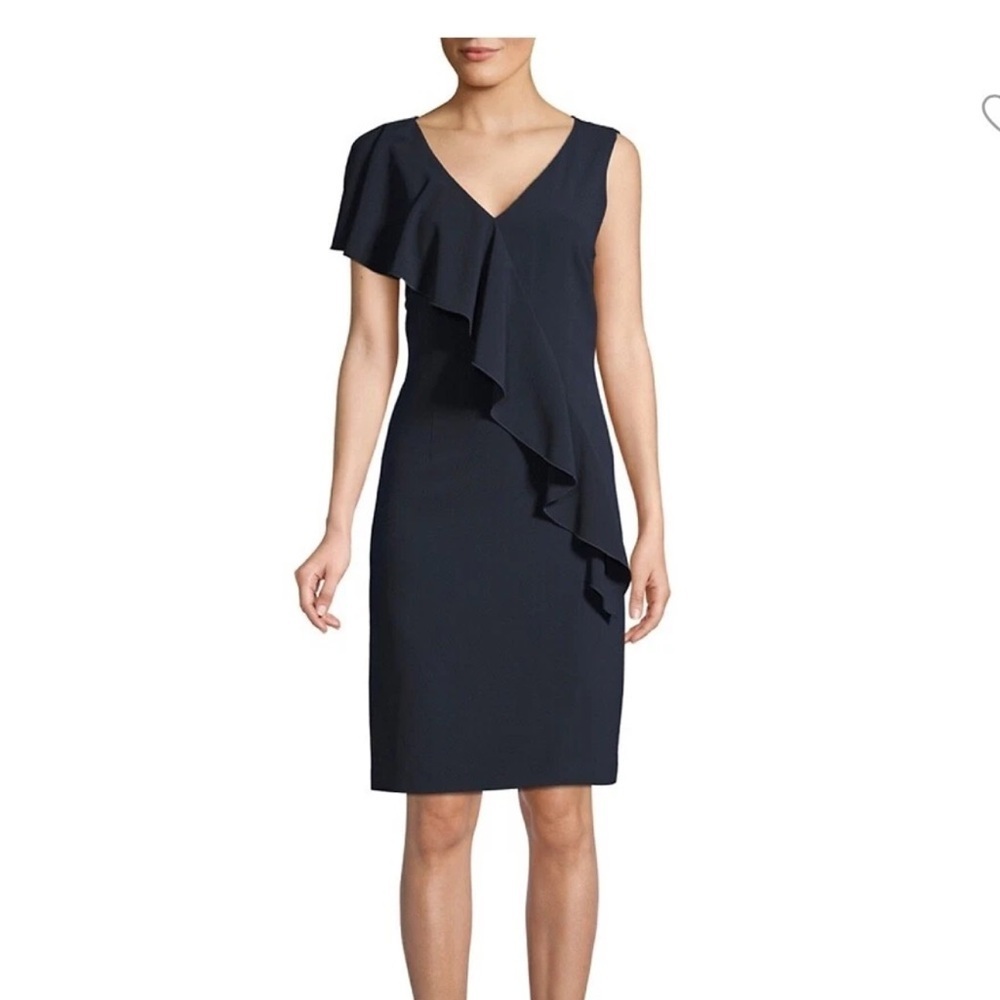 Elie Tahari Kailey Ruffled Asymmetric Sheath Dress, Navy, Size 6 NWT career